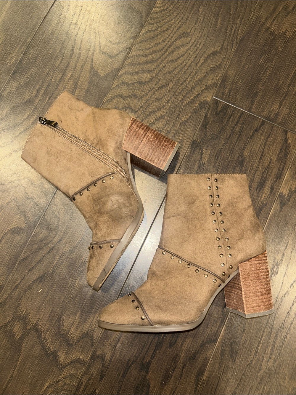 Report Tan Suede Studded Block Heel Booties